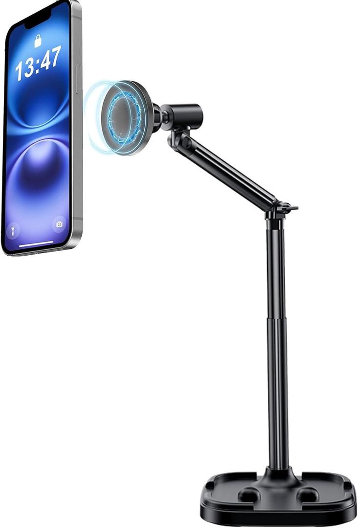 Adjustable Magnetic iPhone Stand for Desk, Phone MagStand for Filming, Phone Holder Stand Compatible with iPhone and All Mobile Phones Tablet (with 2Pcs Magnetic Rings)