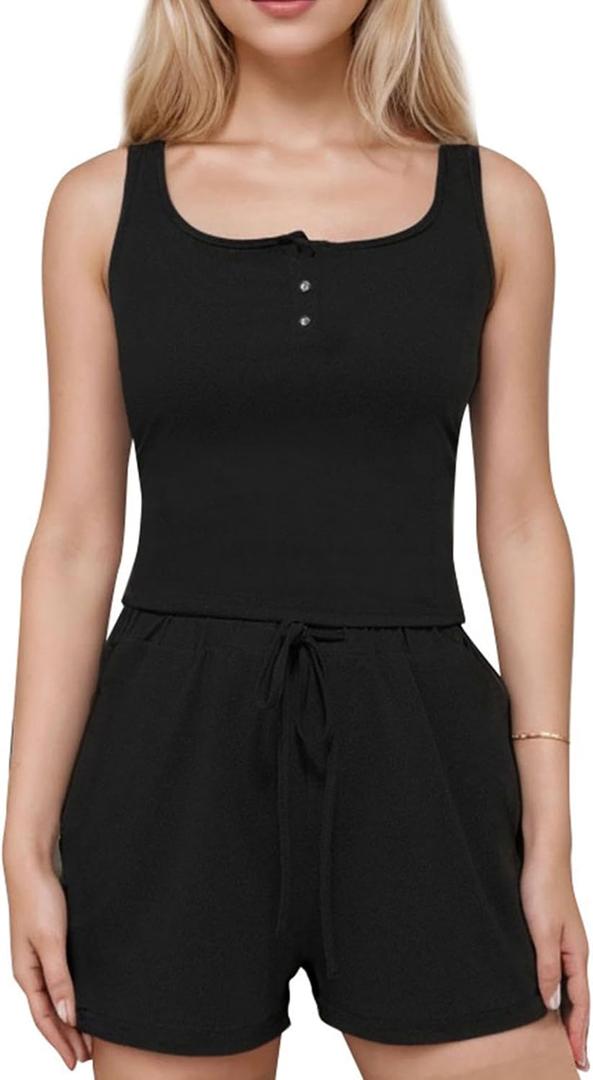Two Piece Summer Outfits Women Shorts Sets 2 Piece Sleeveless Matching Lounge High Waisted Shorts and Tank Top (Black, S)