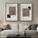 Framed Neutral Abstract Wall Art for Living Room, Set of 2 Geometric Line Beige Brown Canvas Artwork for Walls, Large Minimalist Modern Painting Print for Hallway Bedroom Office Wall Decor, 24x36 Inch