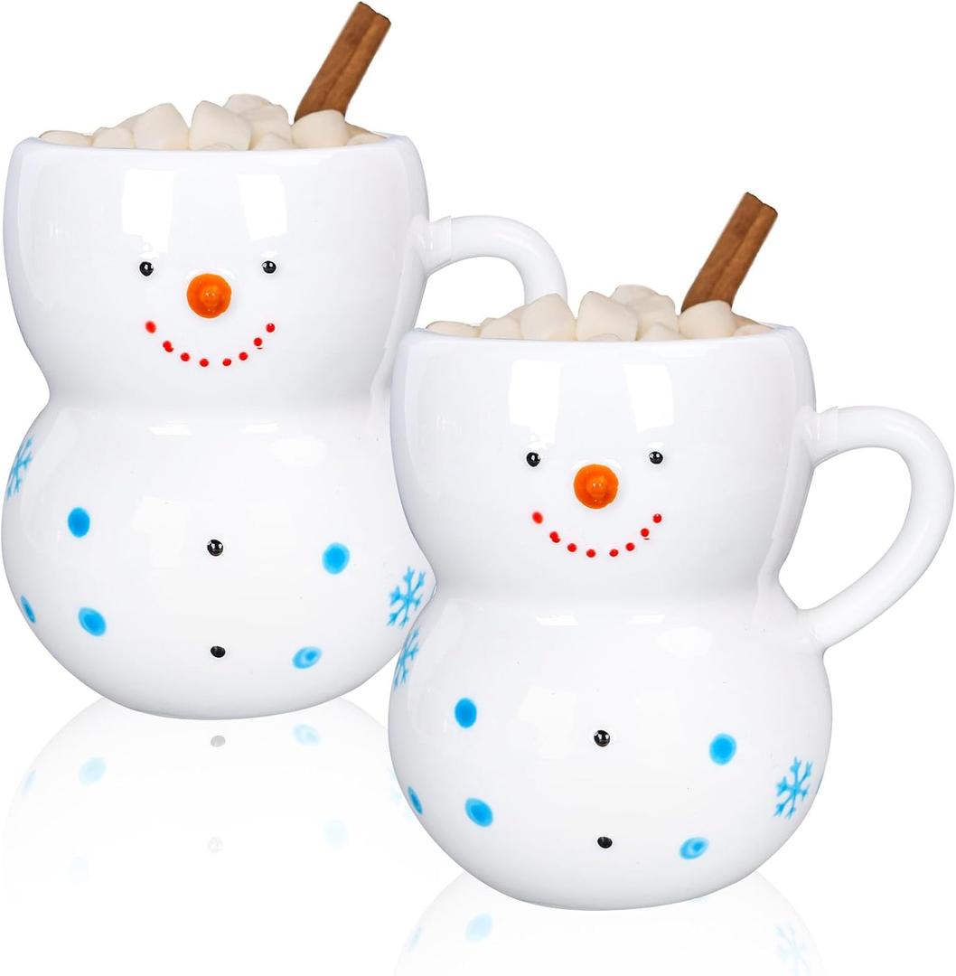 Whaline 2Pcs Christmas Mugs 3D Snowman Ceramic Cups Winter Holiday Novelty Coffee Mugs Xmas Funny Gift for Family Members Friends Dinner Table Decoration