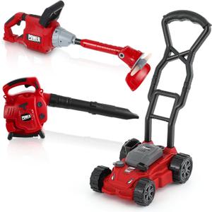 Arrowbash 3-in-1 Kids Gardening Toy Set, Toy Leaf Blower & Kids Push Lawn Mower & Weed Trimmer with Realistic Sound, Outdoor Backyard Play Educational Learning Birthday Summer Gift for 3-8 Boys Girls, child-size