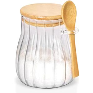 20oz Sugar Container with Bamboo Lid and Spoon,600 ml Sugar Bowl Glass Jar for Coffee Bar Accessories Coffee Canister Kitchen Decor (Large)