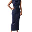 BTFBM Women Ruched Bodycon Maxi Dresses Summer Casual Sleeveless Lightweight Slit Elegant Cocktail Wedding Guest Dress(Navy, X-Large)