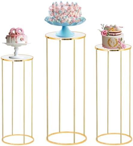 Bonastella Cylinder Stands for Party, 3PCS Cylinder Pedestal Stand, Cilindros Para Fiestas Cake Table Stand for Parties Metal Plant Stand Cylinder Tables for Parties Round Cylinder Stands for Party, Gold 