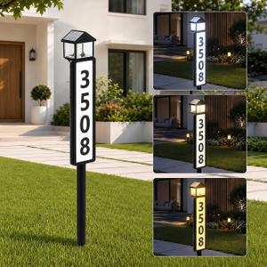 Solar Address Sign for Outside, Lantern-Style Solar Powered House Number Sign with Stake, 3 Lighting Modes, LED Illuminated Address Plaque Waterproof for Yard Lawn Garden