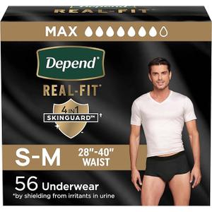 Depend Real Fit Adult Diapers, Incontinence Underwear for Men, Disposable, Maximum Absorbency, Small/Medium, Black, 56 Count (2 Packs of 28), Packaging May Vary