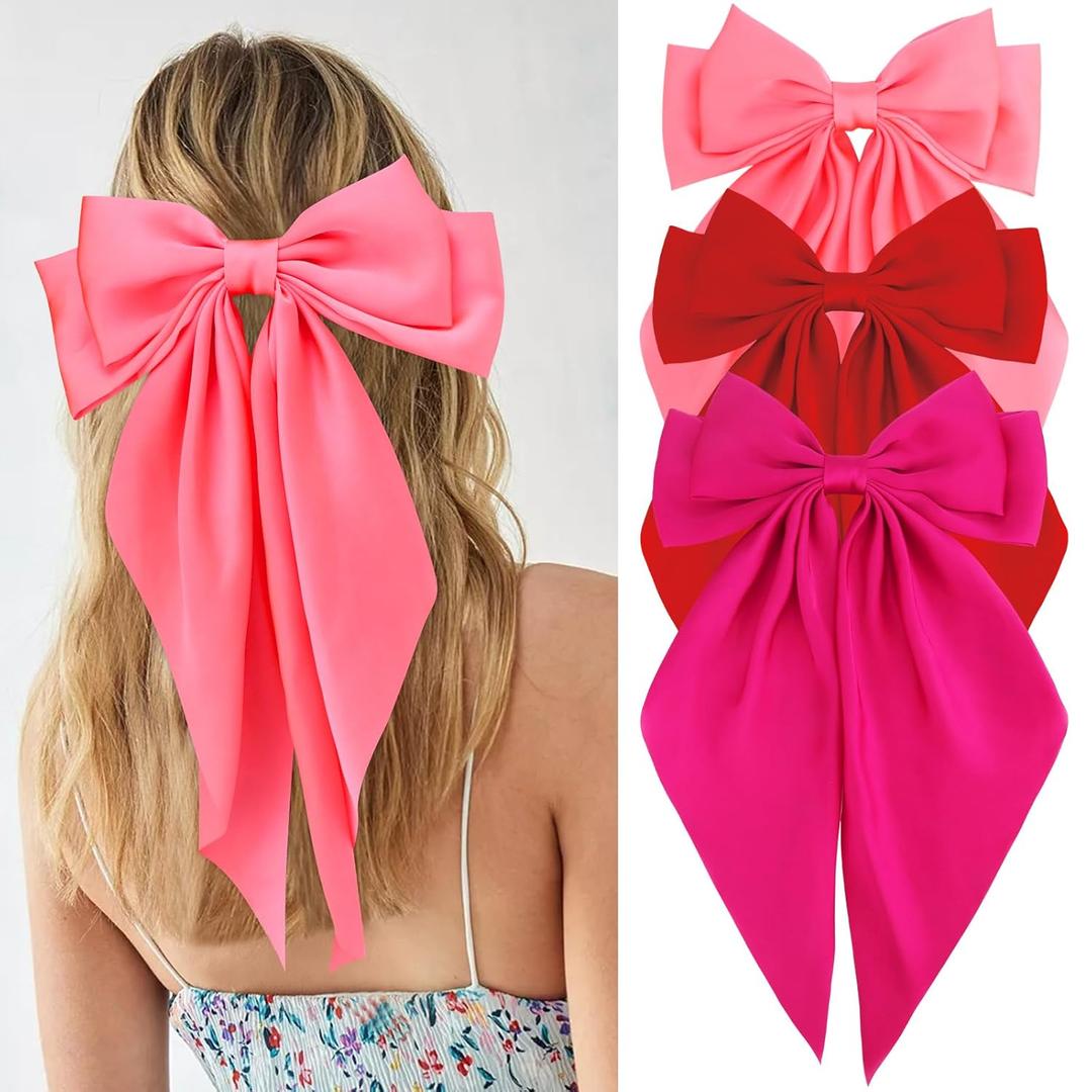 VELSCRUN 3Pcs Hair Bows for Women Pink Hair Bow Red Hair Bow Rose Red Big Hair Bows Clips for Girls Silky Satin Large Hair Ribbons Oversized Long Tail Hair Bows Hair Barrettes Hair Accessories Gifts