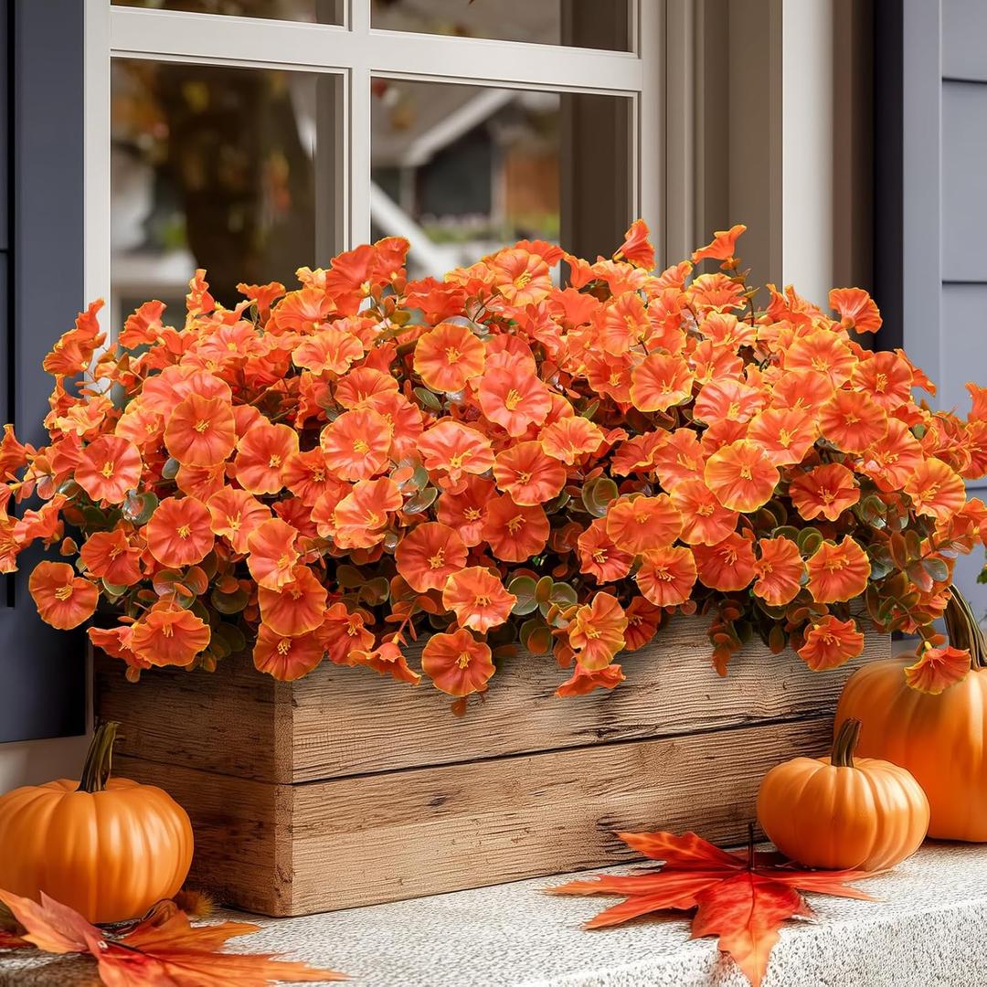 Lnoicy Artificial Fall Mums 12 Bundles Eucalyptus Fake Flowers for Planter,Fake Morning Glory for Halloween Home/Porch/Garden Decoration (Fall Orange)