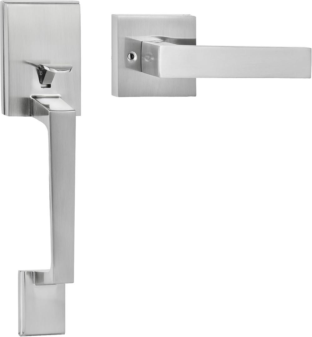 VEVOR Front Door Handle, Satin Nickel Square Handle Set with Lever Door Handle No Lock, Adjustable Hole Space, Entry Door Handle with Reversible for Right and Left Handed Entrance and Front Door (Satin Nickel-No lock)