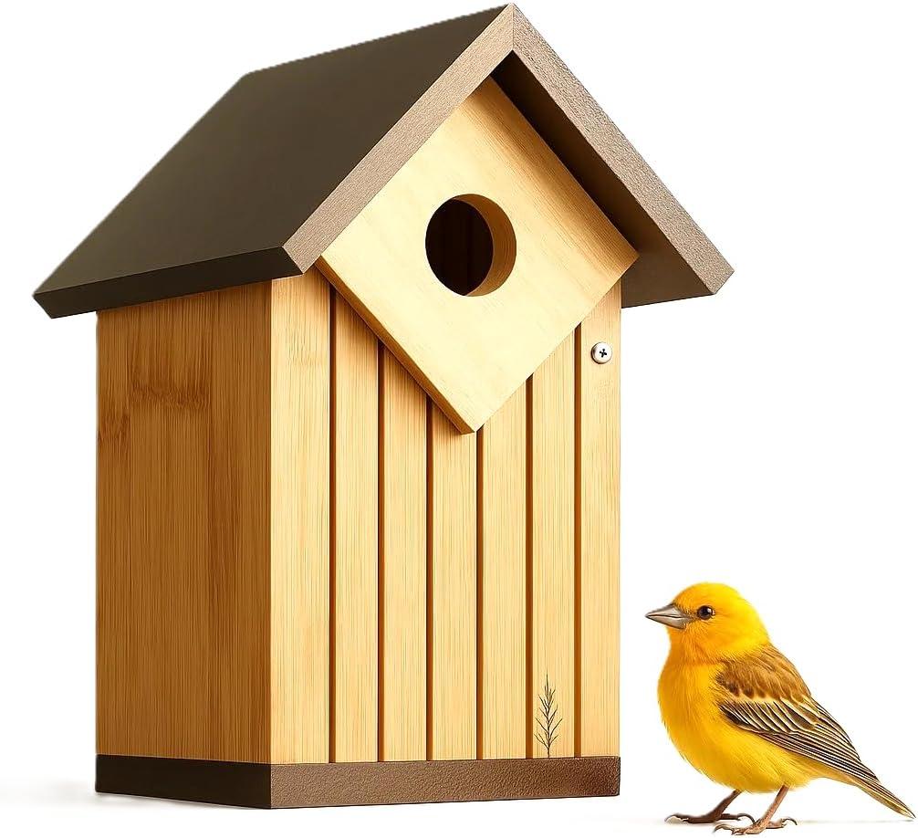 Large Hard Bamboo Bluebird Bird Houses for Outside, Solid Material Construction Weather Proof, UV Painted Longtime Water Proof, Heavy Duty Sturdy 1.5" Hole Plate, 10 Years Performance