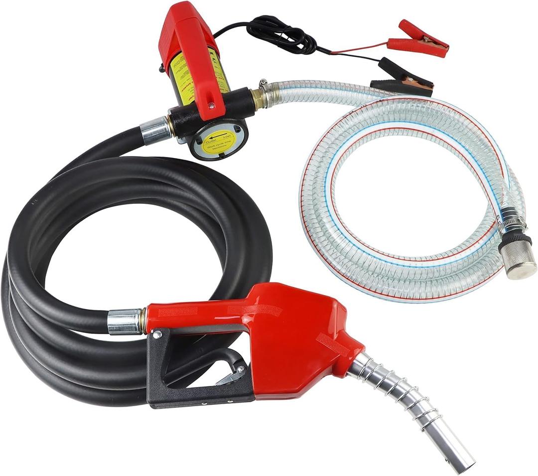 FUELIO Diesel Transfer Pump 12V Fuel Transfer Pump 12 Volt Diesel Pump With Auto Shut-off Nozzle, 6.5FT PVC Hose, 13FT Rubber Hose - 10GPM Self-priming Portable DC Electric Oil Fuel Transfer Pump