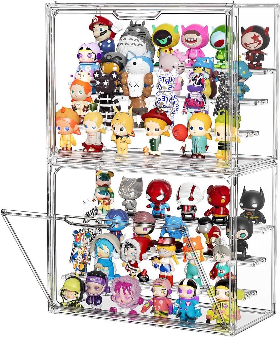 Clear Acrylic Display Case for Figures 4 Layers 2 Pack Figurine Display Cases with Shelves Stackable Display Box Showcase with Magnetic Door for Collectibles, Keep Collection Dustproof