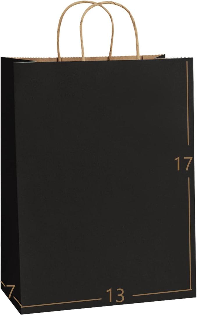 BagDream 13x7x17 Gift Bags 50ct Paper Party Favor Gift Bags, Shopping Retail Merchandise Bags, Recycled Black Kraft Paper Bags with Handles Bulk