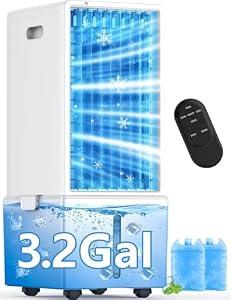 COOLECH 4-IN-1 Windowless Air Conditioner Portable w/3.2-Gal Tank for 30H Cooling, 4 Speeds &4 Modes, Waterless Alert System Swamp Cooler, LED Touch & Remote,12H Timer, Evaporative Air Cooler for Room