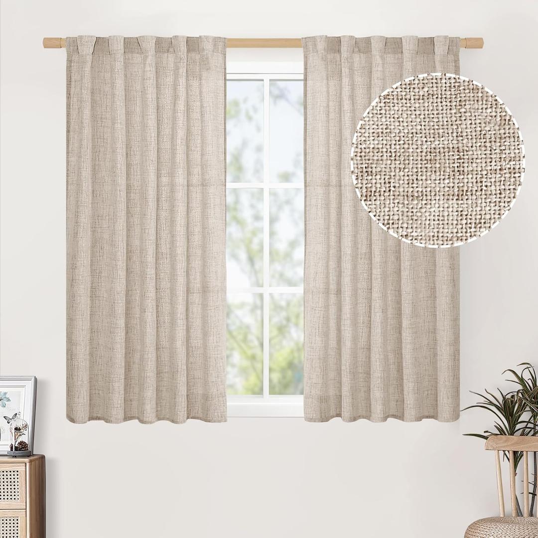 BGment Linen Curtains 48 Inch Length 2 Panels, Rod Pocket and Back Tab Light Filtering Textured Window Drapes for Bedroom Living Room Bathroom, Natural,42 Inch Wide Each Panel