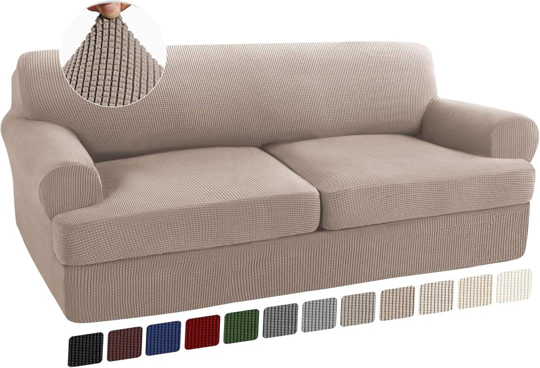Turquoize 3 Piece T Cushion Sofa Slipcovers Stretch Couch Cover Furniture Covers with 2 Individual T Cushion Covers, Machine Washable (2 Cushion Sofa, Sand)