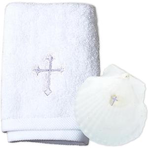 Baptism Towel with Baptism Shell Set - Baptism Towel for Boys and Girls, White Christening Cloth with Embroidery Cross, 100% Cotton Baptismal Cloth Baptismal Gifts for Infants Toddlers Kids (SILVER)