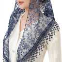 PAMOR Triangle Lace Veil Mantilla Cathedral Head Covering Chapel Veil for Mass Wedding Bridesmaids (Blue)