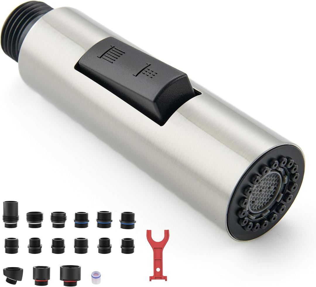 Metal Kitchen Faucet Head Replacement, 2-Mode Pull Down Kitchen Faucet Spray Head with 15 Adapters, High Pressure Sink Sprayer Nozzle Stainless Steel, Brushed Nickel