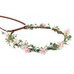 Handmade Pink Flower Crown Girls Hair Wreath Bridal Flower Headband Green leaf Headpiece Floral Hair Accessories for Weeding Birthday Party Cosplay