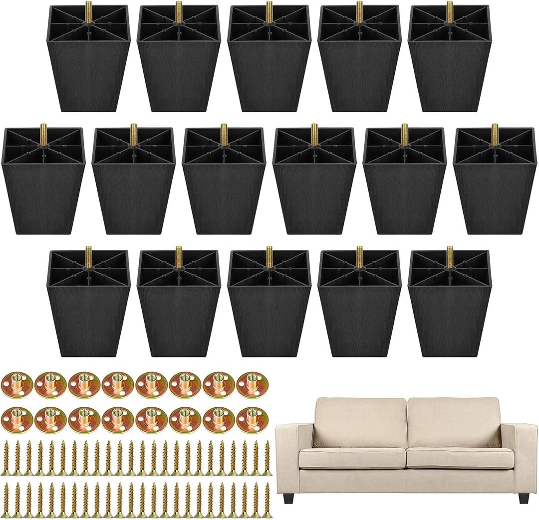 TURSTIN Furniture Legs Plastic Sofa Coach Legs Square Tapered Feet Sofa Legs with T-Nuts Screws for Legs Sofas Chairs Cabinets Dressers Beds, Black (16, 4 Inches)