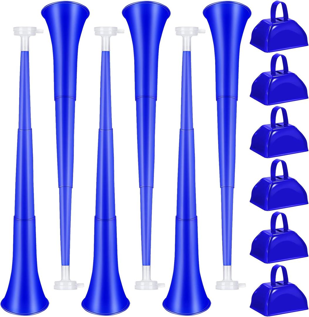 Treela 12 Pcs Collapsible Stadium Horn and Metal Cowbells 24 Inch Vuvuzela Horn Blow Plastic Trumpet Cow Bells with Handle Noisemakers for Sporting Events Graduation Games School Sports Party(Blue)