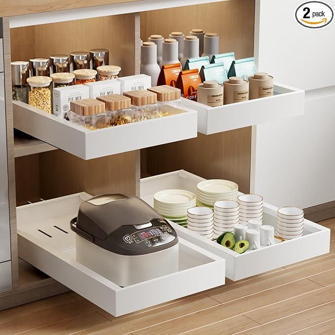 2 Pack Pull Out Cabinet Organizer, 21.8" Deep Slide Out Drawer for Cabinets Adhesive Pull Out Drawers Heavy Duty Pull Out Shelves for Kitchen, Cupboard, Pantry, Bathroom-White