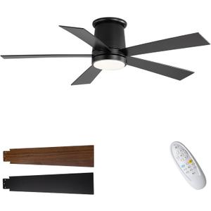 52'' Flush Mount Ceiling Fan with Light, Black, Dimmable, Silent 6-Speed DC Motor, Reversible & Timer, for Indoor, Porch, Garage, Store, Courtyard