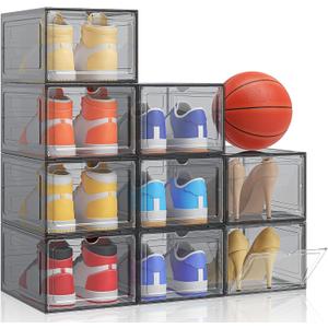 Kitsure Large Thicken & Sturdy Shoe Boxes - 9 Pack Black Clear Plastic Stackable & Reinforced Organizer with Magnetic Door, Heavy-Duty Storage for Sneakers, Toiletries & Toys, 13.4" x 10.5" x 7.1"