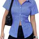 SweatyRocks Women's Striped Short Sleeve Button Down Shirts Business Work Fitted Collared Blouse (Blue, S)