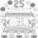 Silver 25th Wedding Anniversary Decorations Banner, 25th Anniversary Table Centerpieces Hanging Swirls Tissue Pompoms Foil Balloon for 25 Years Silver Wedding Party Decoration Supplies