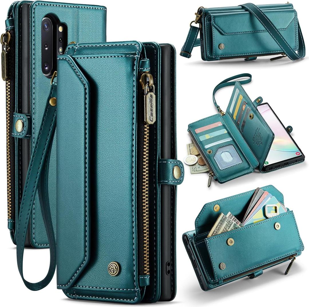 for Samsung Galaxy Note 10 Plus Case, Crossbody Wallet Phone Case with RFID Blocking Kickstand Anti-Drop Wireless Charging 10 Card Slots, PU Leather Shoulder Bag Clutch Adjustable Strap, Blue Green