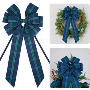 AIMUDI Christmas Tree Bows 10×20'' Navy Blue Green Plaid Bows for Gift Wrapping Wreath Bows with Wire Edge Premade Gift Bows for Craft Present Fireplace Holiday Christmas Decorations, 2 PCs