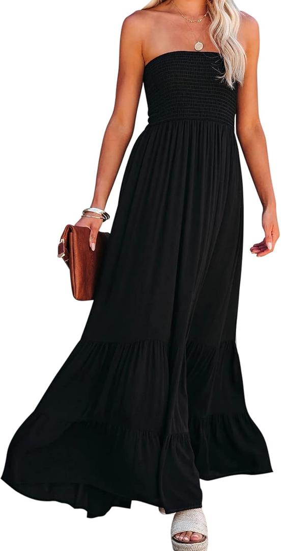 R.Vivimos Womens Summer Cotton Strapless Elastic Smocked Boho Beach Casual Flowy Maxi Tube Dresses (Black#2, Large)