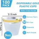 Hioasis 200Pcs 9OZ Clear Cups - Plastic Disposable Cups with Gold Trim, Heavy Duty & BPA-free for Party, Wedding, Reception