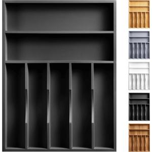 Kitchen Bamboo Silverware Organizer, Kitchen Drawer Organizer - Utensil Holder and Cutlery Tray with Grooved Drawer Dividers for Flatware 7 Slot, Black