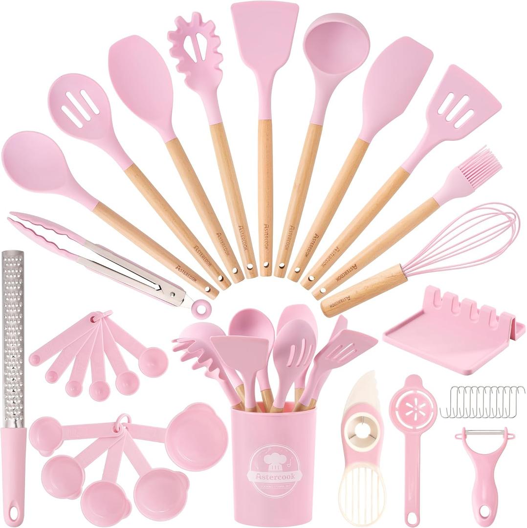 Astercook Kitchen Utensils set, 39 PCS Silicone Cooking Utensils Set with Wooden Handle, 446F Heat Resistant Food Grade Utensil Sets, BPA Free Kitchen Gadgets Tools Set for Mothers Day Gifts