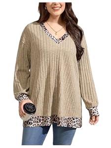 WDIRARA Women's Plus Size Leopard V Neck T Shirts Long Sleeve Tees Rib Knitted Tops Khaki 3X-Large Plus