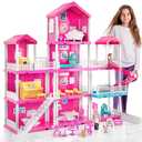 JUKUDAHU Pink Villa Playset for Girls Ages 3-7, 4-Story 10-Room House with 2 Dolls, Furniture & Accessories, Pretend Play Toddler Toy, Birthday Gifts for Kids 3-8