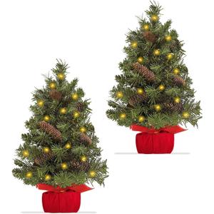 2 Pack Tabletop Christmas Tree with Lights Timer, Mini Small Christmas Tree Battery Operated 40 LED Artificial Cedar Xmas Tree Pinecones Lifelike Classics Branches Wooden Base Table Home Indoor Decor
