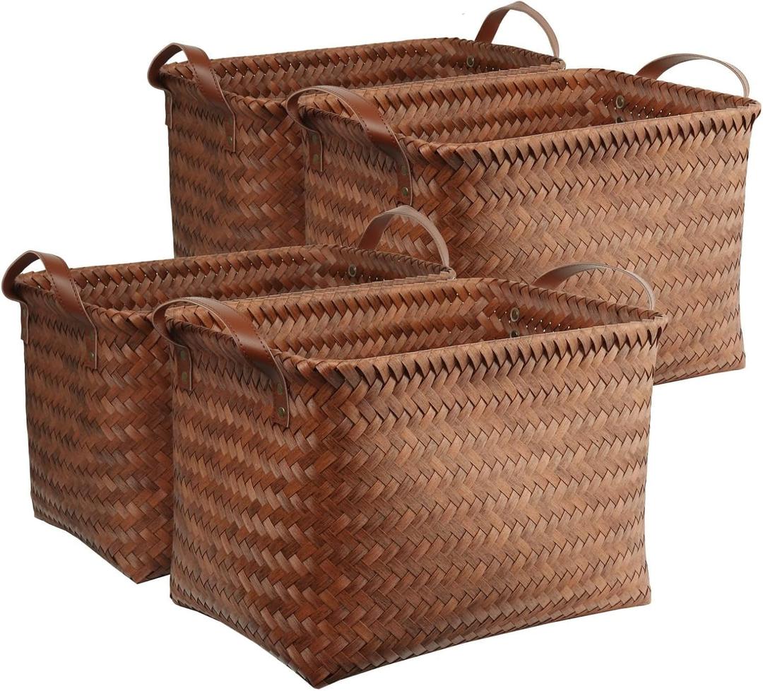 BROWNLILY Handwoven Clothes Basket Laundry Hampers Large Wicker Storage Baskets for Shelves Blankets Closet Storage Bins Car Bedroom Bathroom Organizers and Storage Bath (Pack of 4, Brown), 15 Inches X 11 Inches X 10.5 Inches