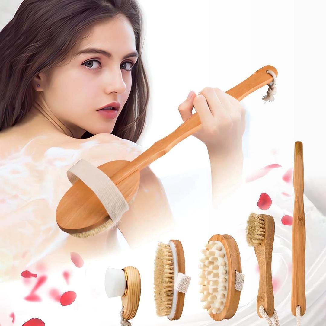 Zeutch Premium Dry Brushing Body Brush Set for Lymphatic Drainage and Cellulite Treatment, Boar Bristle Long Handle Face Cleansing Brush for A Glowing Skin, 5 Pack