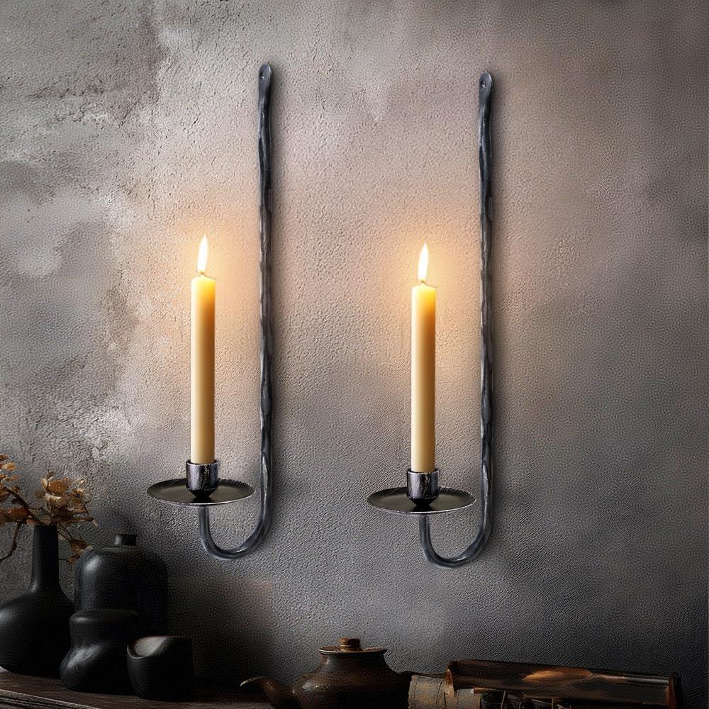BeginS Hand-Forged Wall Candle Sconces Set of 2, Black Vintage Solid Steel Metal Wall Candle Holders, Rustic Home Decor for Living Room, Bedroom, Dining Room, Candle Accent