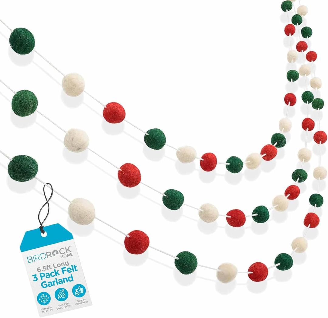 BIRDROCK HOME 3-Pack Felt Garland | 6.5ft or 78in Long Christmas Decoration with 24 Pom Pom Balls in Red, White & Green. Ideal for Trees, Fireplace Mantels, Stairs, Walls & Festive Holiday Decor Ideas