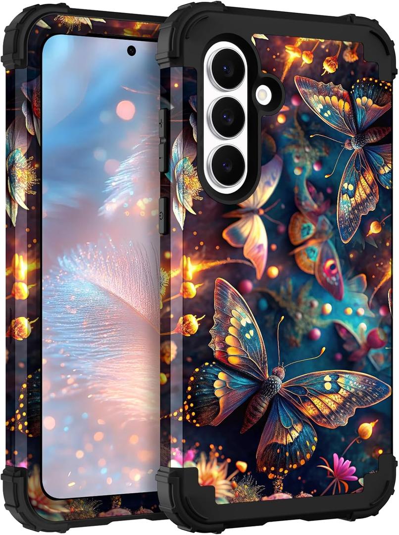 TEECOVER for Samsung Galaxy S25FE Case, Heavy-Duty Shockproof Full Protection Hard Plastic Bumper + Soft Silicone Rubber Protective Case for Galaxy S25FE 6.7-Inch, Blue Butterfly