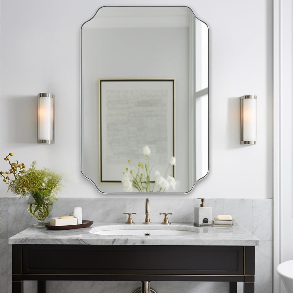 ANDY STAR Chrome Scalloped Mirror, 26x38 Inch Polished Chrome Rectangle Mirror, Unique Bathroom Mirror with Scalloped Edge Design, Rust-Proof Stainless Steel 1 Frame, Home Decor