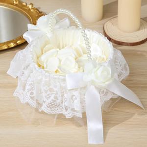 1 Pack Wedding Flower Girl Basket with 200Pcs Silk Petals, Pearl Handle and Ribbon Bow Wedding basket - Artificial Flowers for Romantic Night Bridal Party Home Decorations(Flower)
