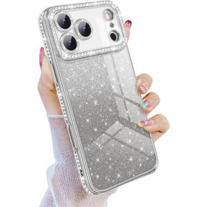 Newseego for iPhone 17 Pro Max Case, Luxury Glitter Sparkly Rhinestone Plating Clear Case with Bling Camera Lens Protector for Women Girls Soft TPU Bumper Shockproof Cover for iPhone 17 Pro Max-Silver