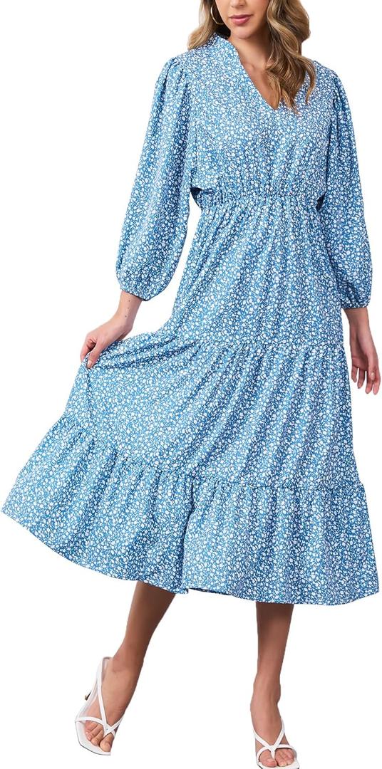 Moss Rose Womens Spring Summer Maxi Dresses V Neck 3/4 Sleeve Floral Flowy Swing Boho Long Dress (Medium, Blue)
