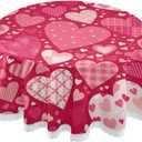 Valentine's Day Round Tablecloth 60 Inches Pink Red Hearts Lace Table Cloth Water Resistant Spillproof Wrinkle Free Love Hearts Valentines Table Cover